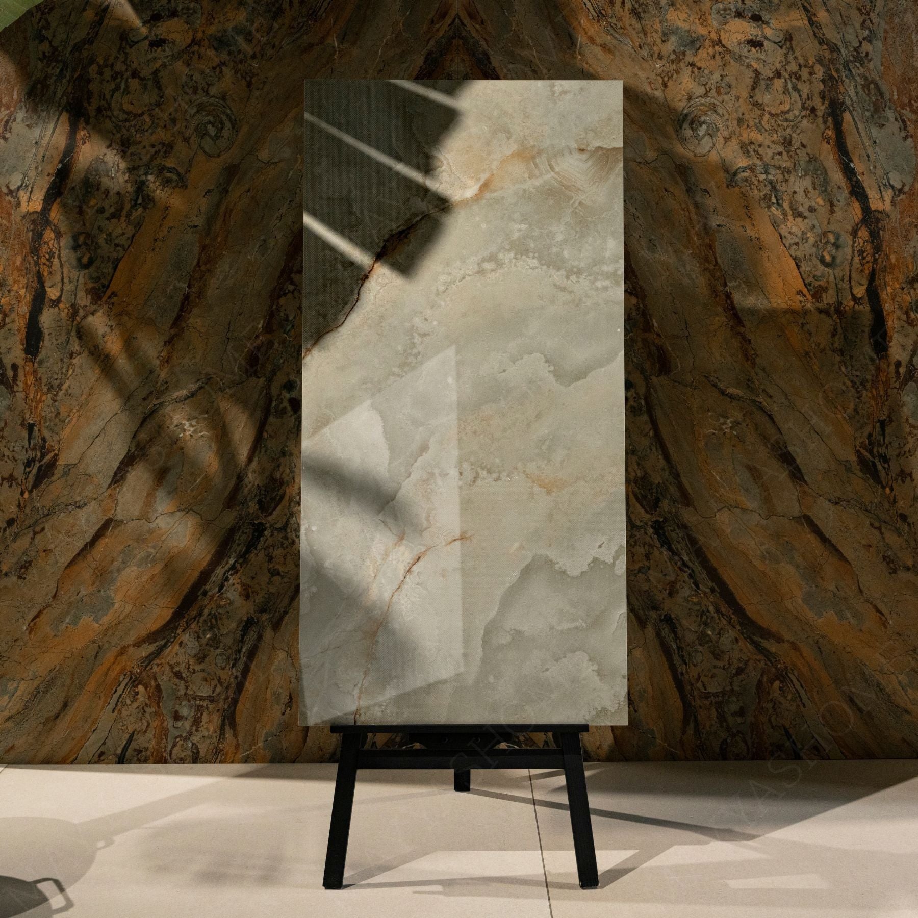 Misty Moss glossy stone look porcelain tile 60x120cm with 9mm thickness features soft earthy tones, polished surface, and durable performance for interiors.