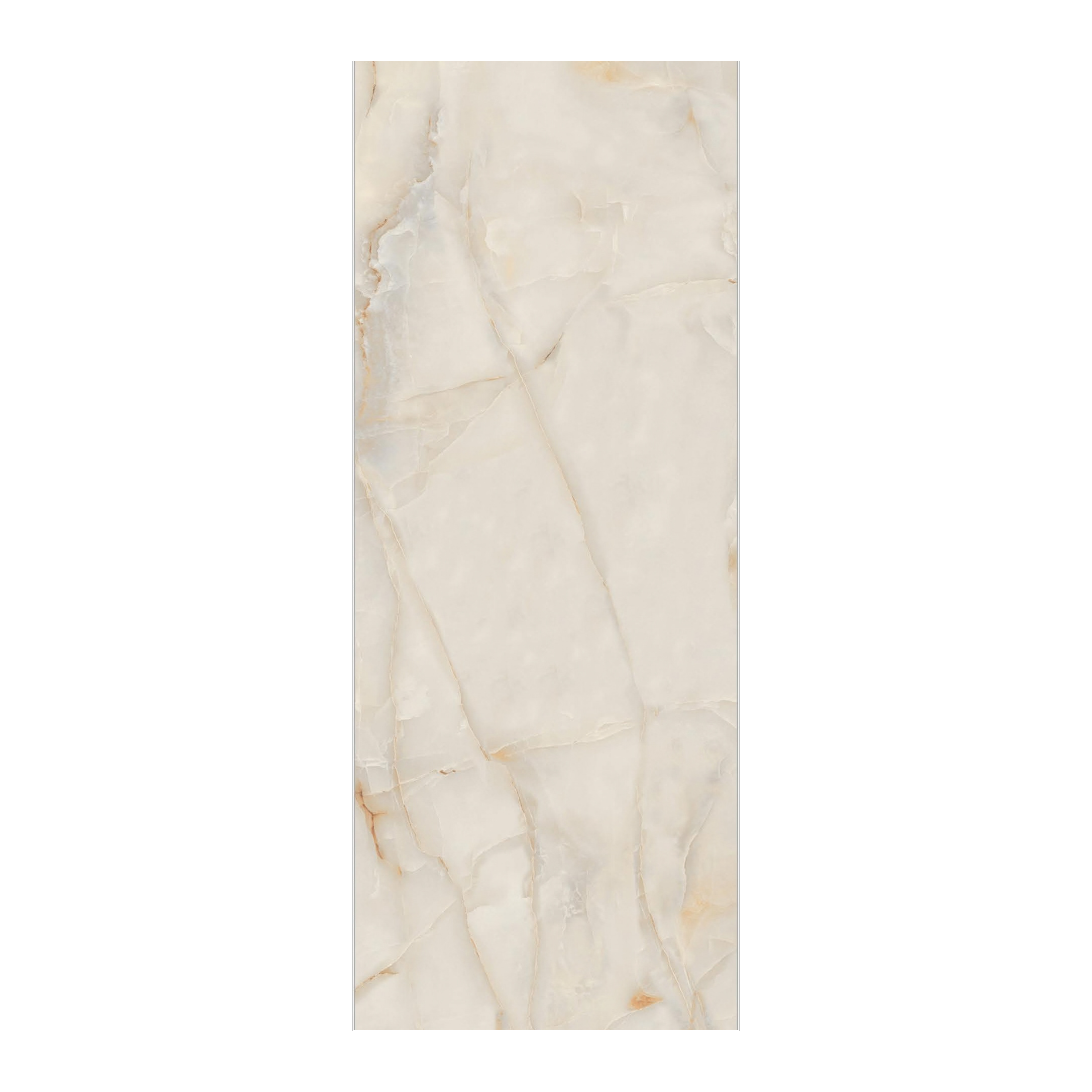 Onyx Spain white marble-look porcelain slab with natural warm veining in 80x320cm size.
