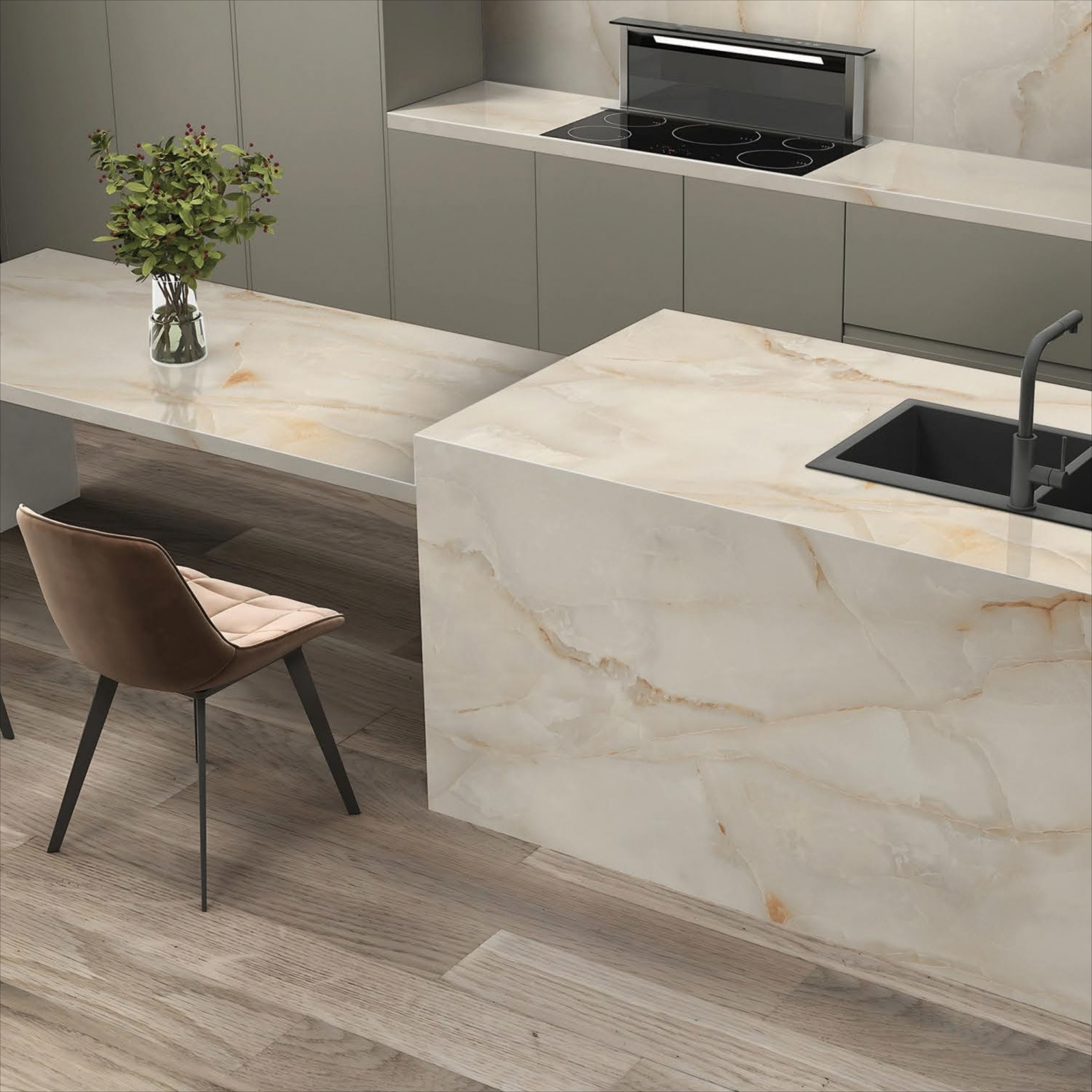 Onyx Spain white marble-look porcelain slab with natural warm veining for luxury UAE interiors.
