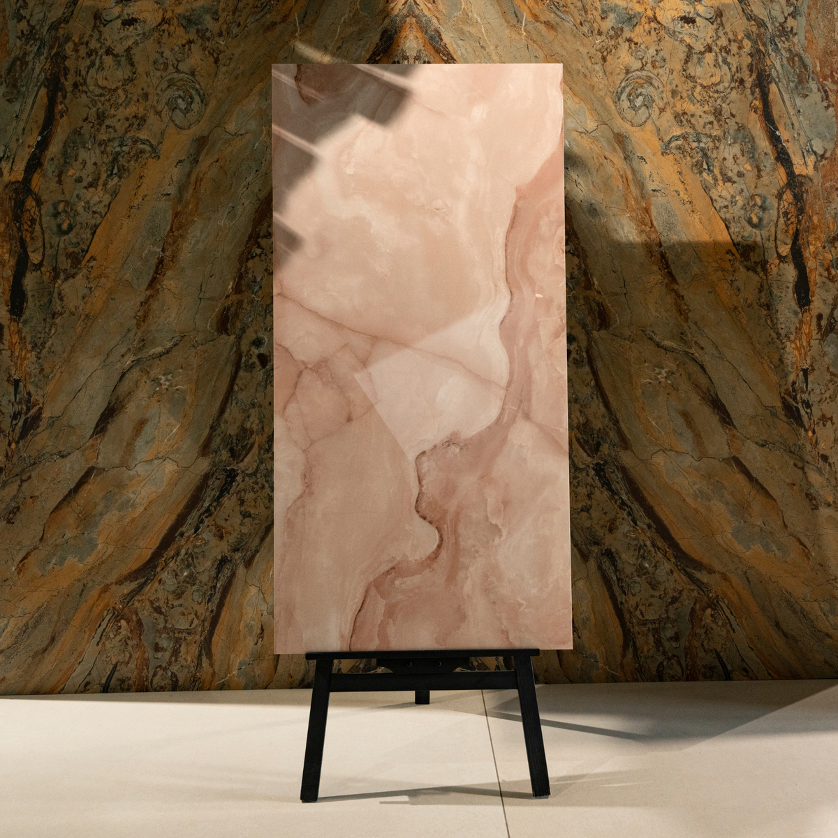 Onyx Rose porcelain tile 60x120cm 9mm thickness, rose onyx marble look design, durable porcelain tile ideal for elegant floors and walls.