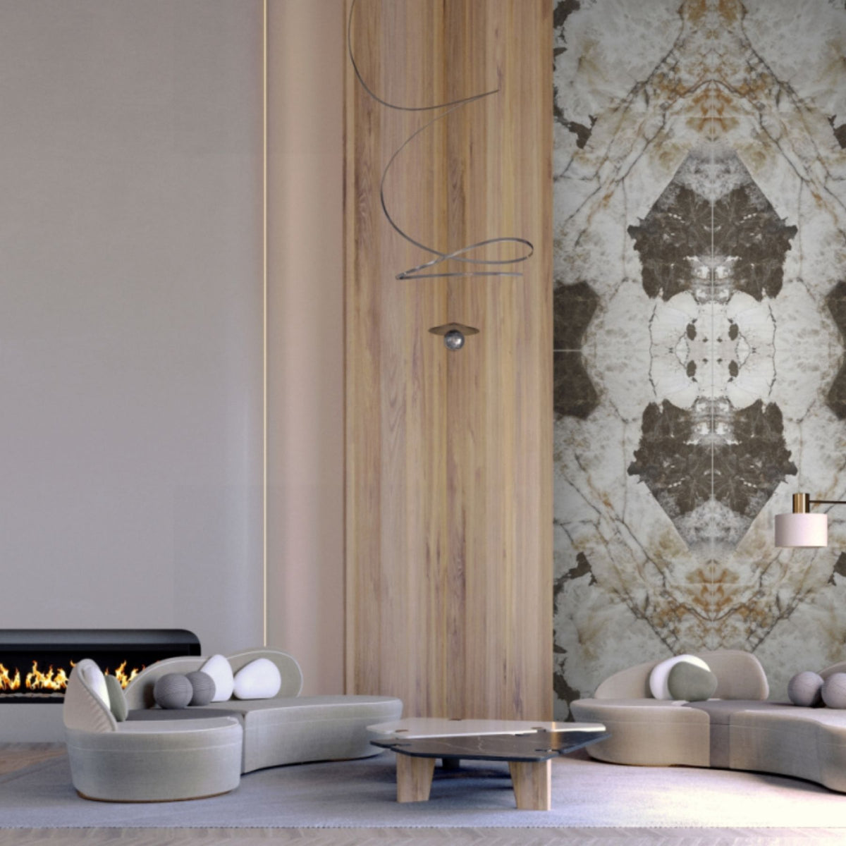 Patagonia Stone bookmatch porcelain slab in 120x280cm with 6mm thickness, featuring polished A & B patterns for luxury stone-look walls, floors and interiors.