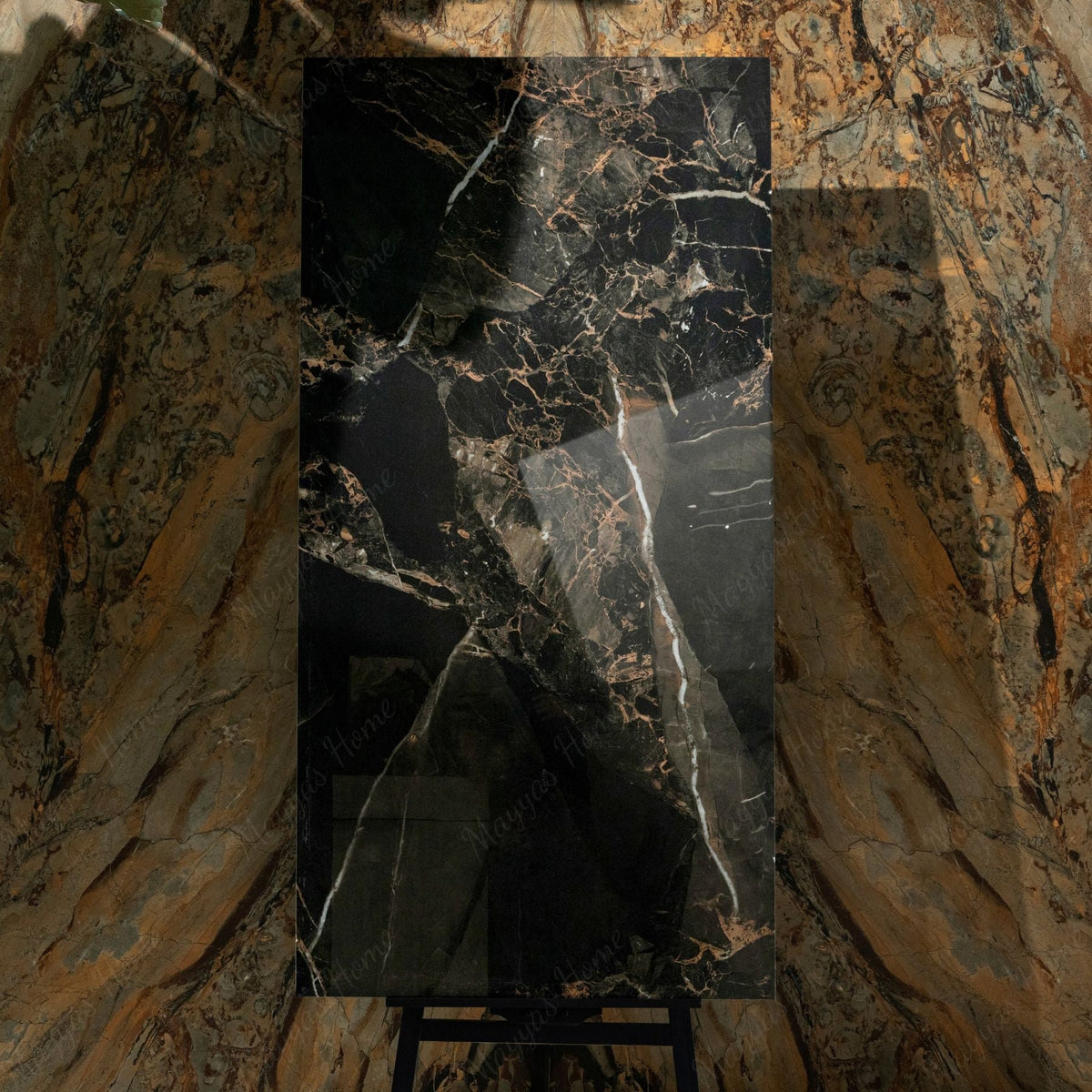 Portoro Argento 80x160cm high glossy porcelain tile, 09mm thick with black marble look and silver veining. Luxurious and durable for stylish interiors.