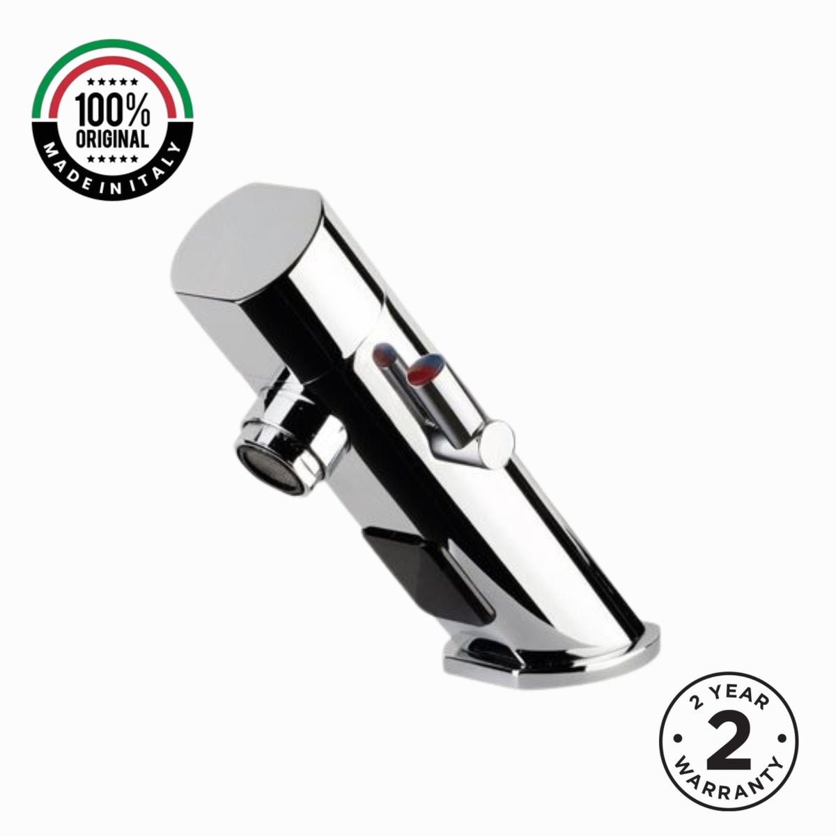 Premium battery-powered electronic basin mixer tap with above-counter installation, flexible hose connection and water-saving flow limiter technology.