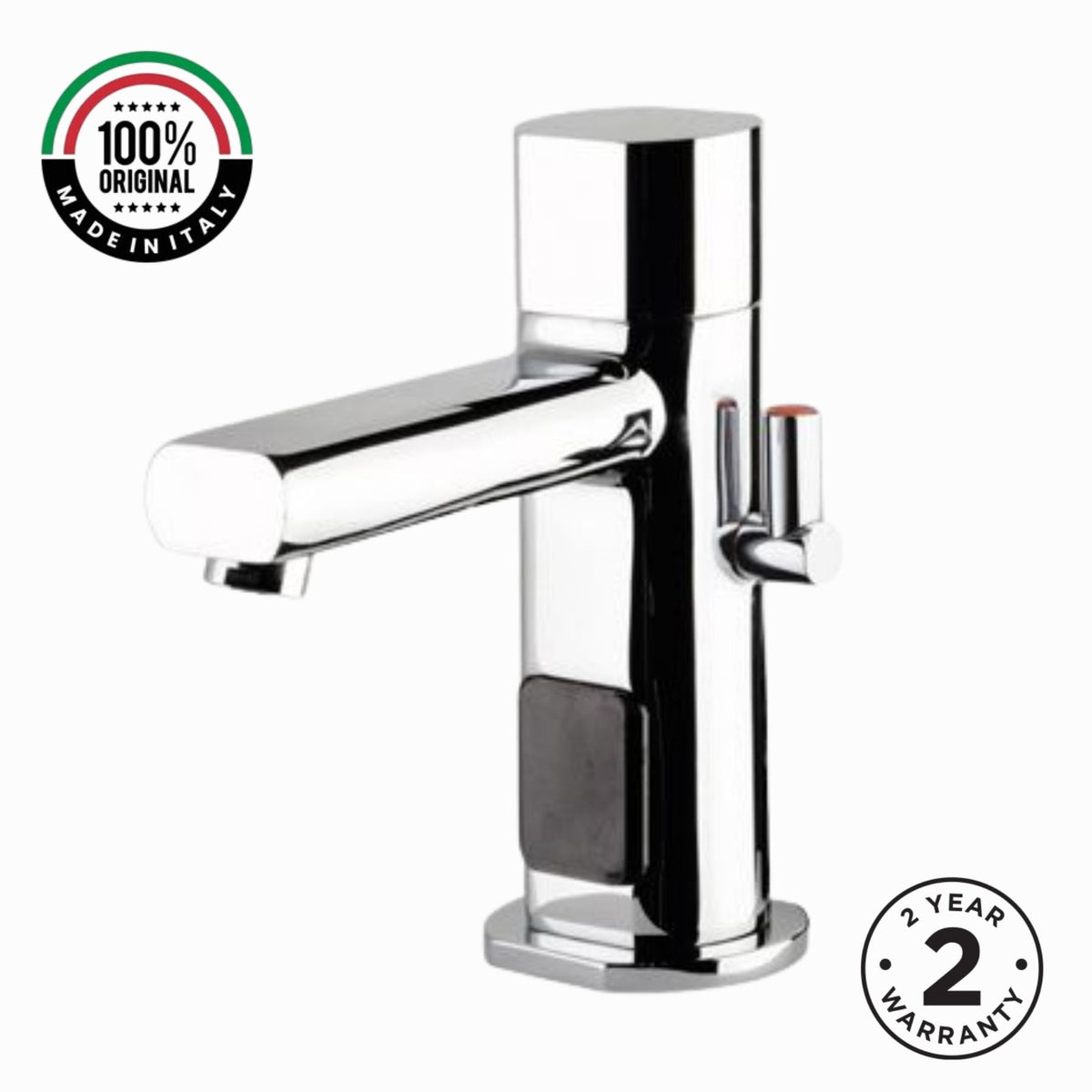 Premium battery-powered electronic sink mixer tap with above-counter installation and adjustable water-saving flow limiter technology.