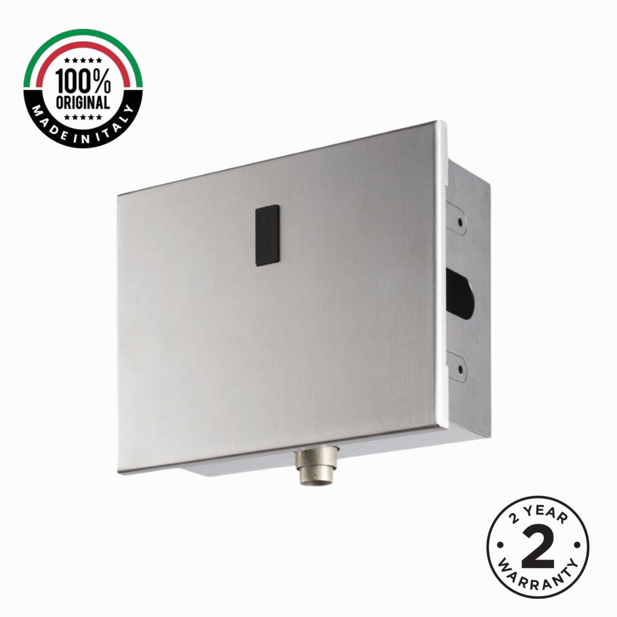 Premium electronic built-in toilet flush valve with battery powered operation, concealed installation and water-saving flow limiter technology.