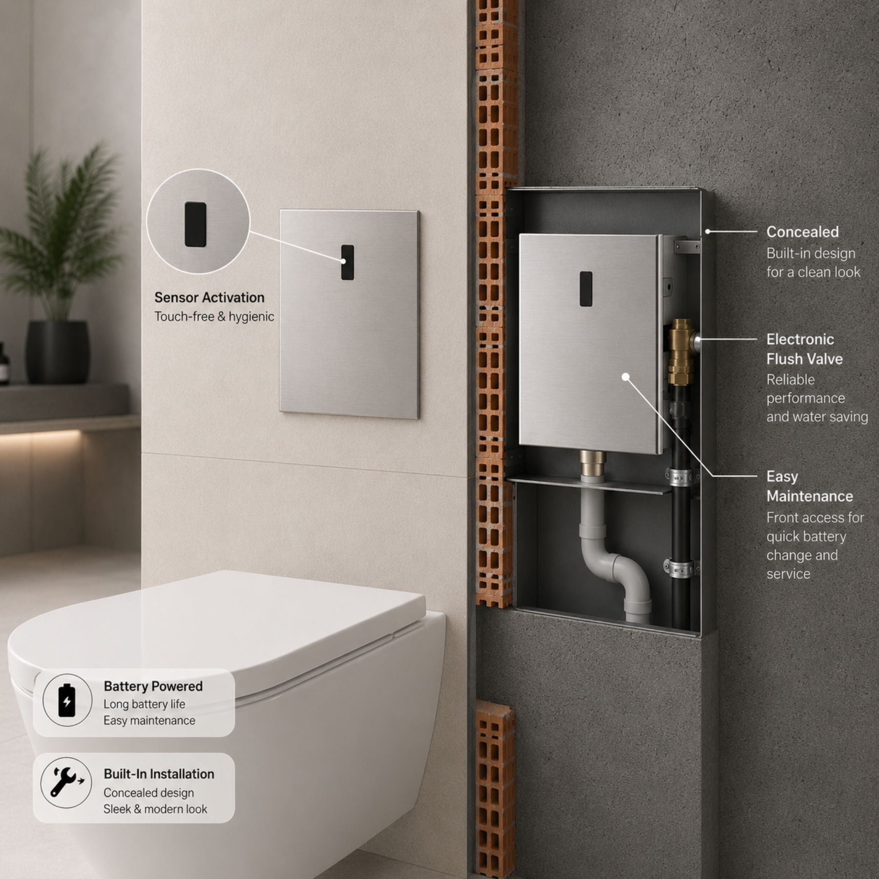 Premium electronic built-in toilet flush valve with battery powered operation, concealed installation and water-saving flow limiter technology.