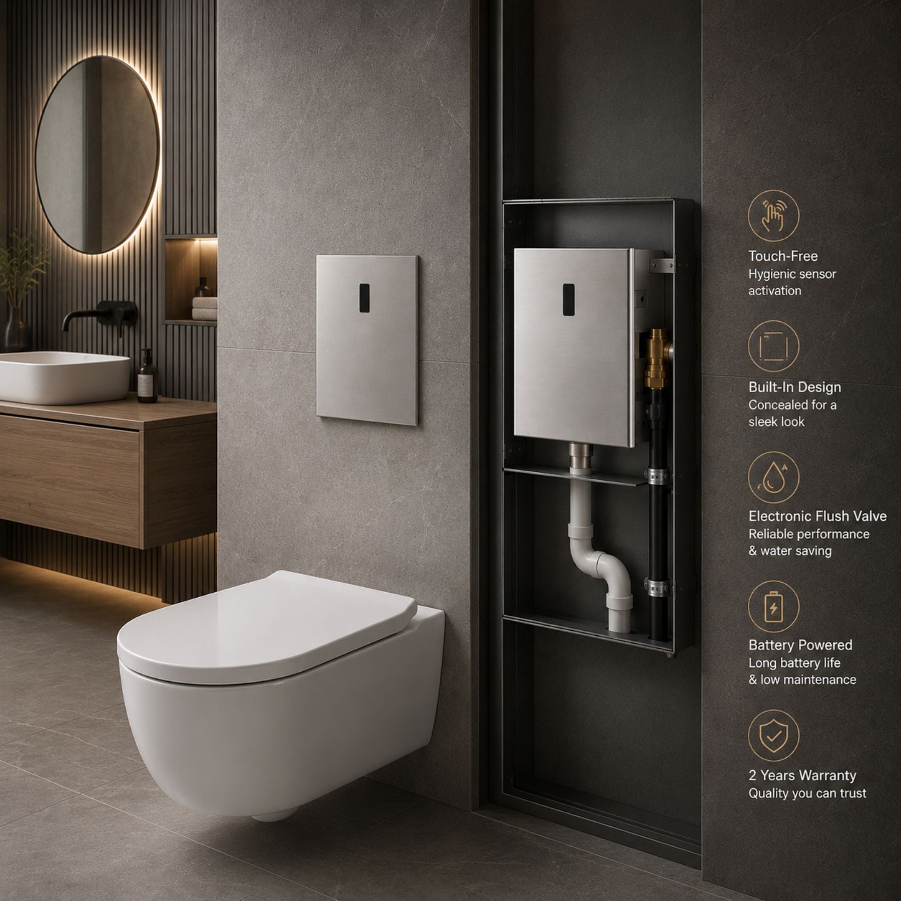 Premium mains-powered electronic flush valve with concealed built-in installation and water-saving flow limiter technology.