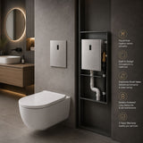 Premium mains-powered electronic flush valve with concealed built-in installation and water-saving flow limiter technology.