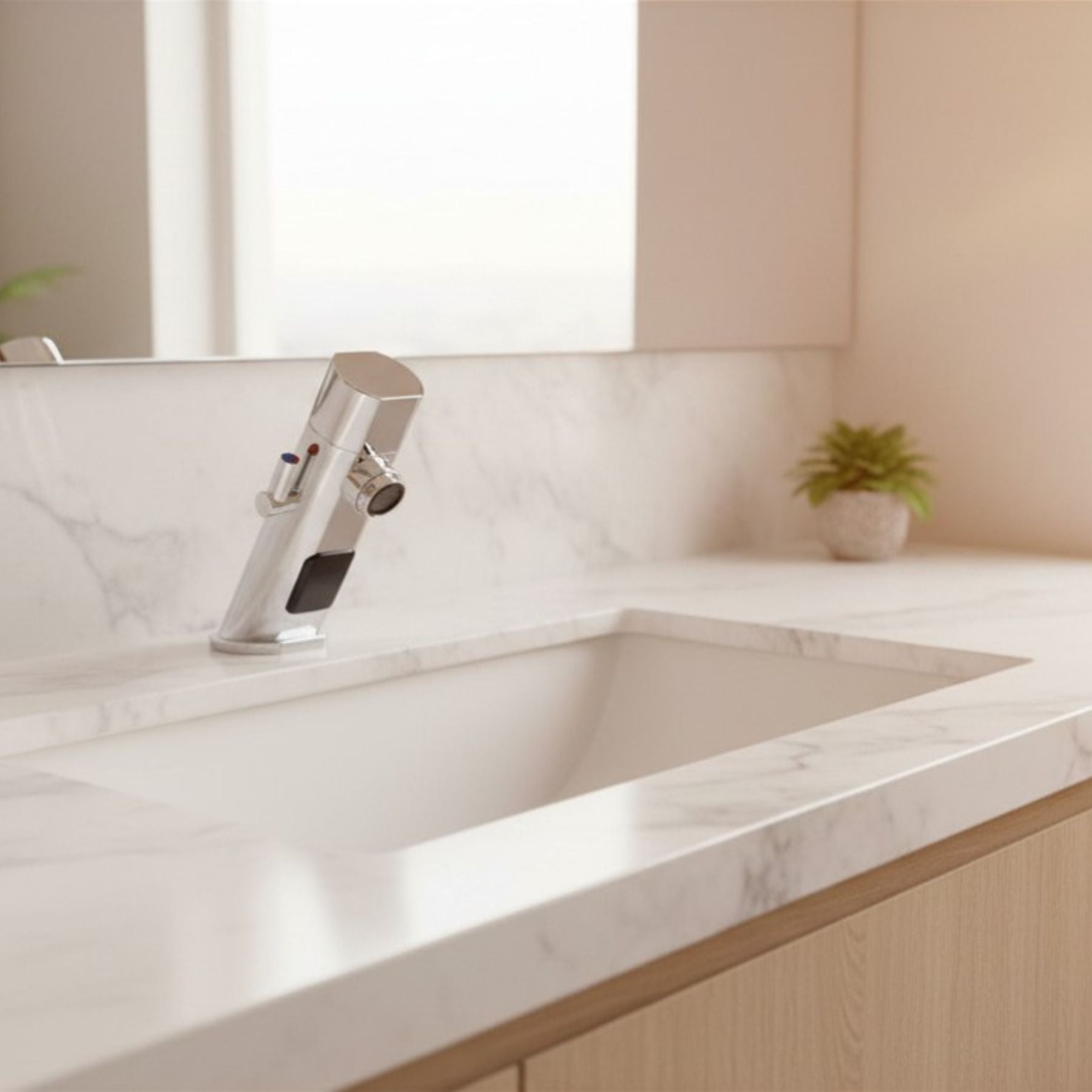 Premium mains-powered electronic sink mixer tap with above-counter installation, flexible hose connection and water-saving flow limiter technology.
