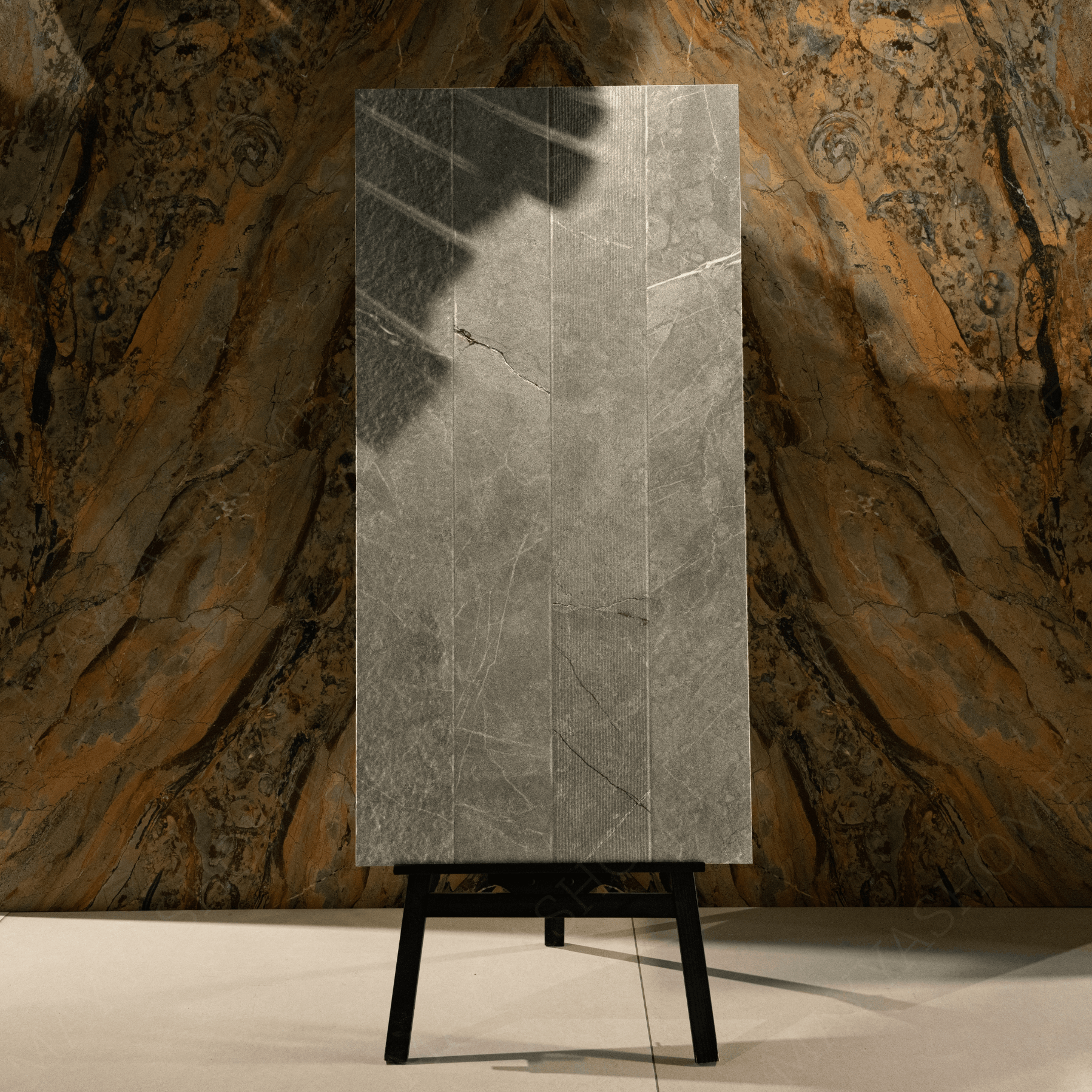 Rock Sterlina Henna porcelain tile 60x120cm 9mm thickness, brown stone look design, durable porcelain tile for warm modern floors and walls.
