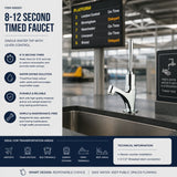 Single water timed sink tap with 8–12 second lever control and above-counter installation. Ideal for UAE commercial, healthcare and public washrooms in UAE.