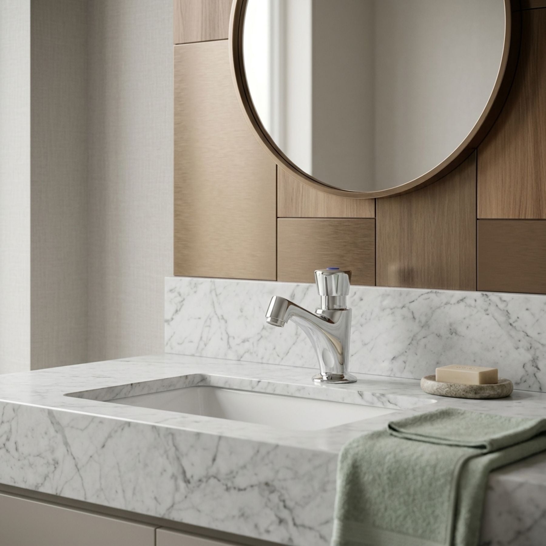 Single water timed sink tap with 8–12 second push-button control, anti-vandal protection and adjustable flow options for commercial and public washrooms in UAE.