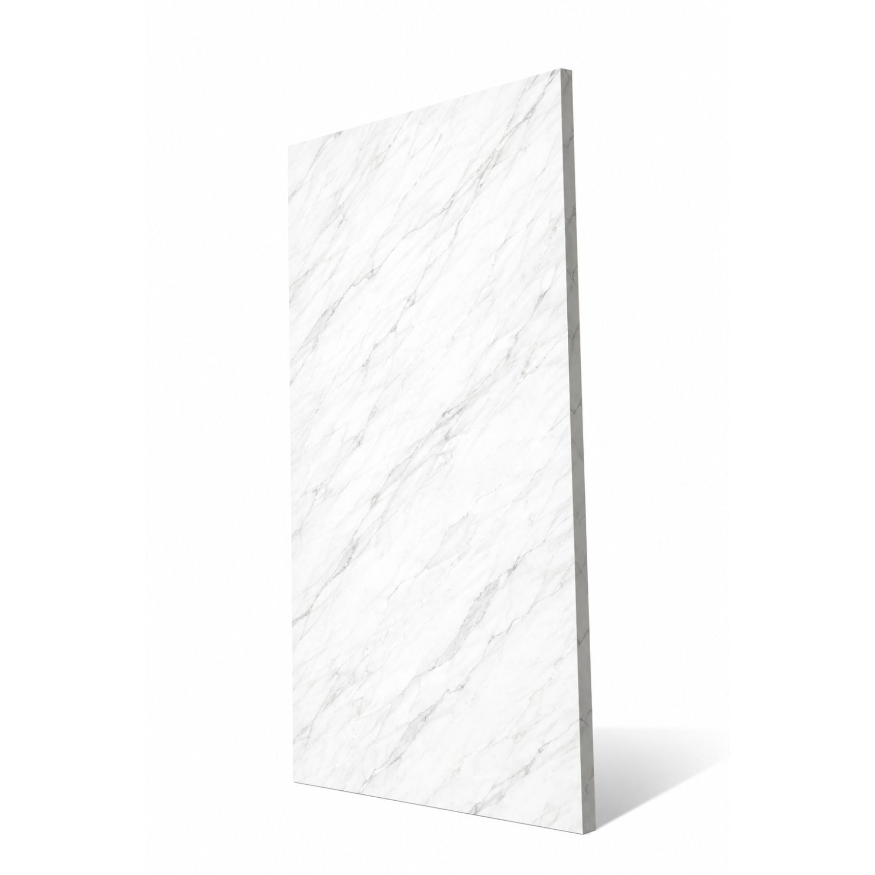 Statuario Platina porcelain slab in 120x280cm with 6mm thickness and polished/matt finishes, ideal for luxury marble-look floors, walls and interiors.