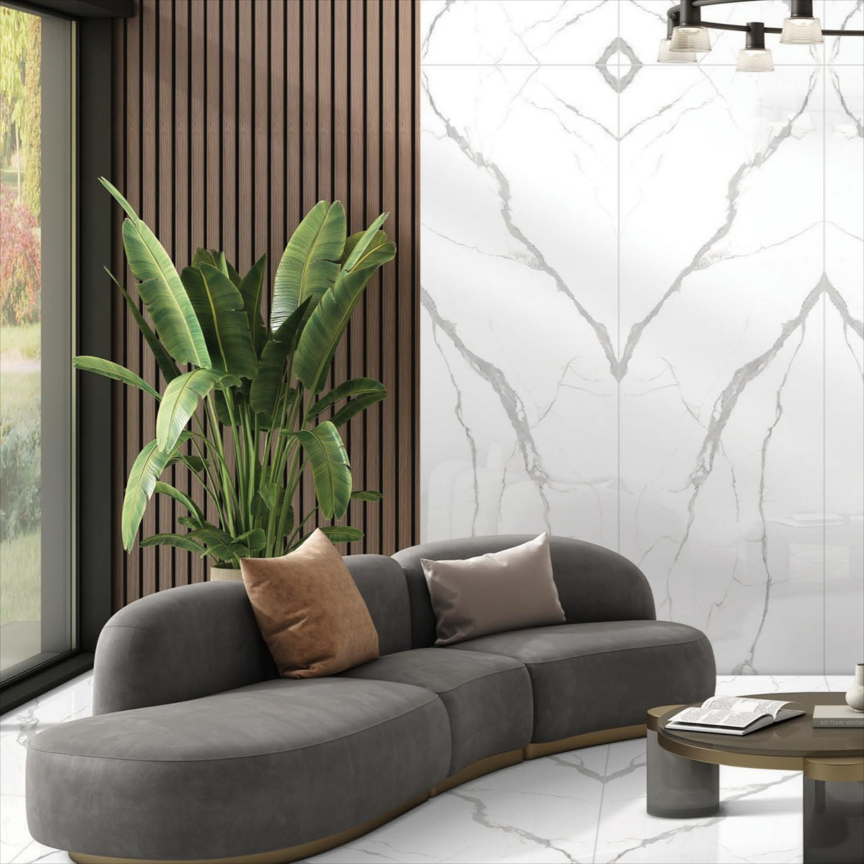Staturio Natural white marble-look porcelain tile with natural grey veining for luxury UAE interiors