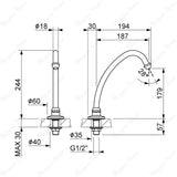 Swivel sink spout designed for above-counter installation with a G1/2 male connection and flow limiter options. Suitable for kitchens, hospitals in UAE.