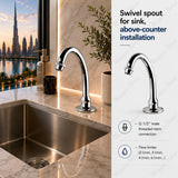 Swivel sink spout for above-counter installation with G1/2 male connection and flow limiter options. Ideal for kitchens, hospitals and commercial facilities in UAE.