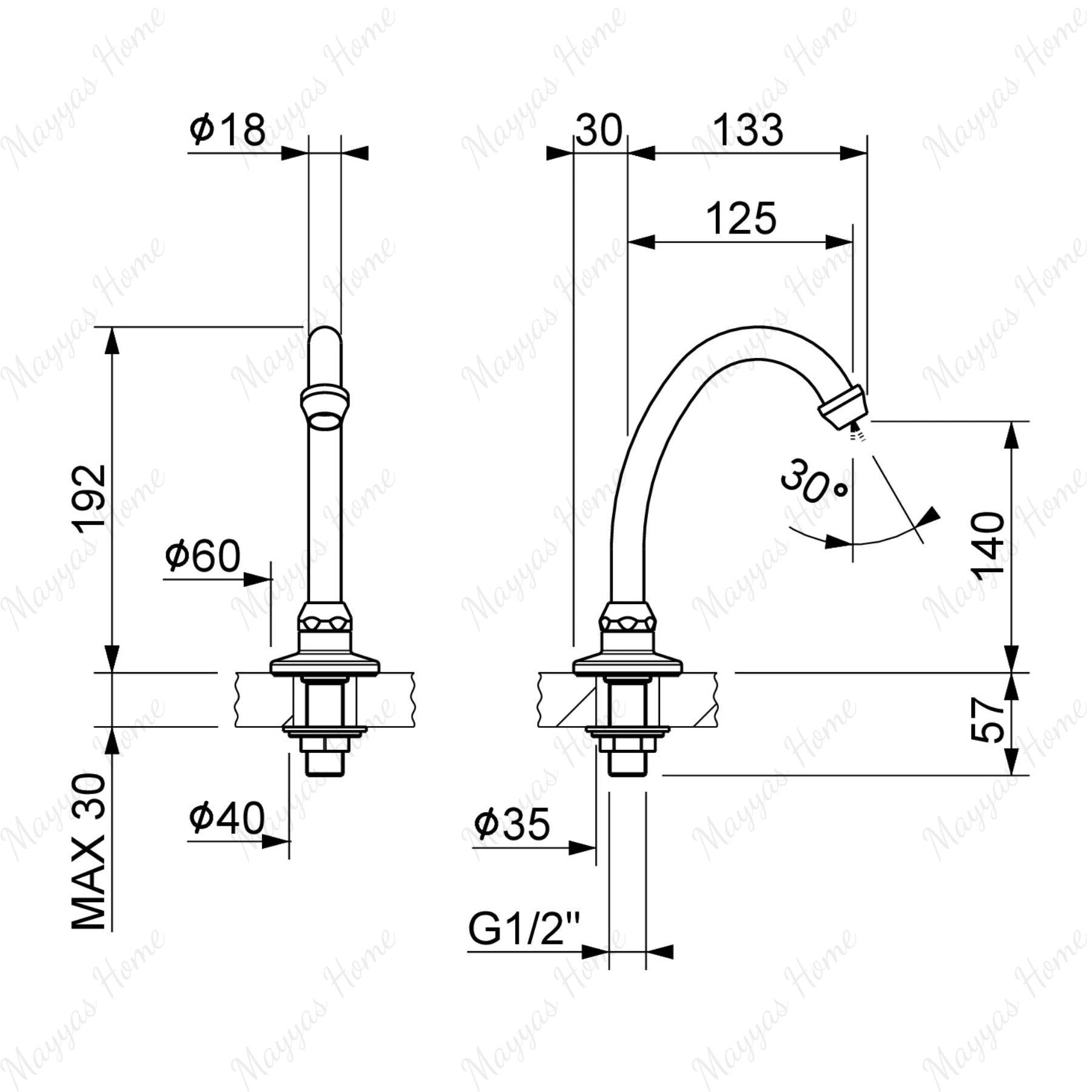 Swivel sink spout for above-counter installation with G1/2 male connection and flow limiter options. Ideal for kitchens, hospitals and commercial facilities in UAE.