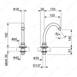 Swivel sink spout for above-counter installation with G1/2 male connection and flow limiter options. Ideal for kitchens, hospitals and commercial facilities in UAE.