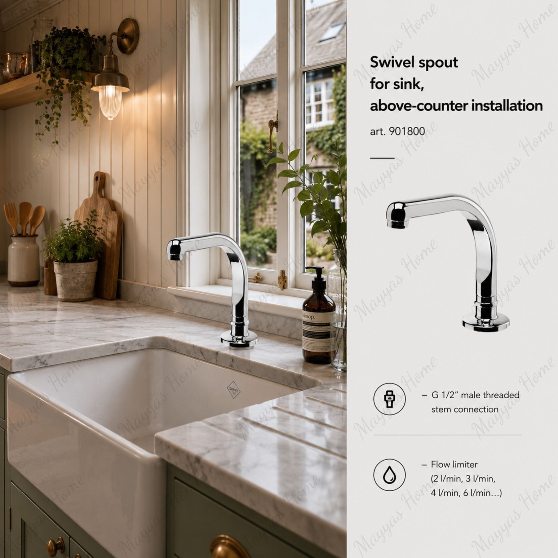 Swivel sink spout for above-counter installation with G1/2 male connection and flow limiter options. Perfect for kitchens, hospitals, hotels and commercial spaces in UAE.