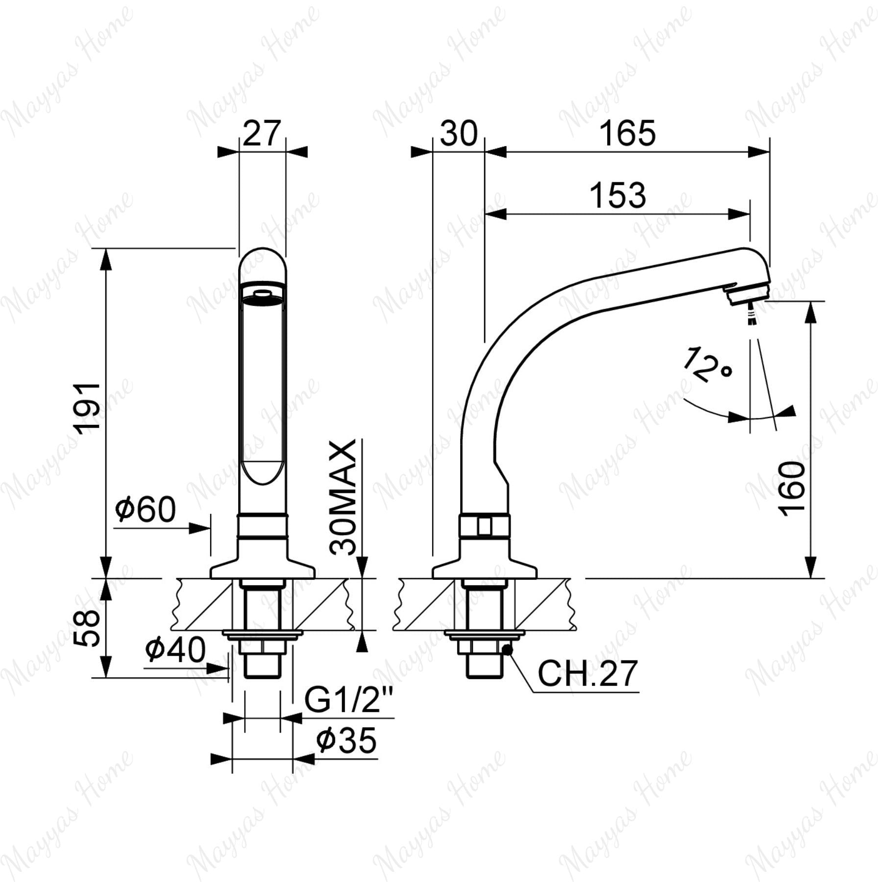 Swivel sink spout for above-counter installation with G1/2 male connection and flow limiter options. Perfect for kitchens, hospitals, hotels and commercial spaces in UAE.