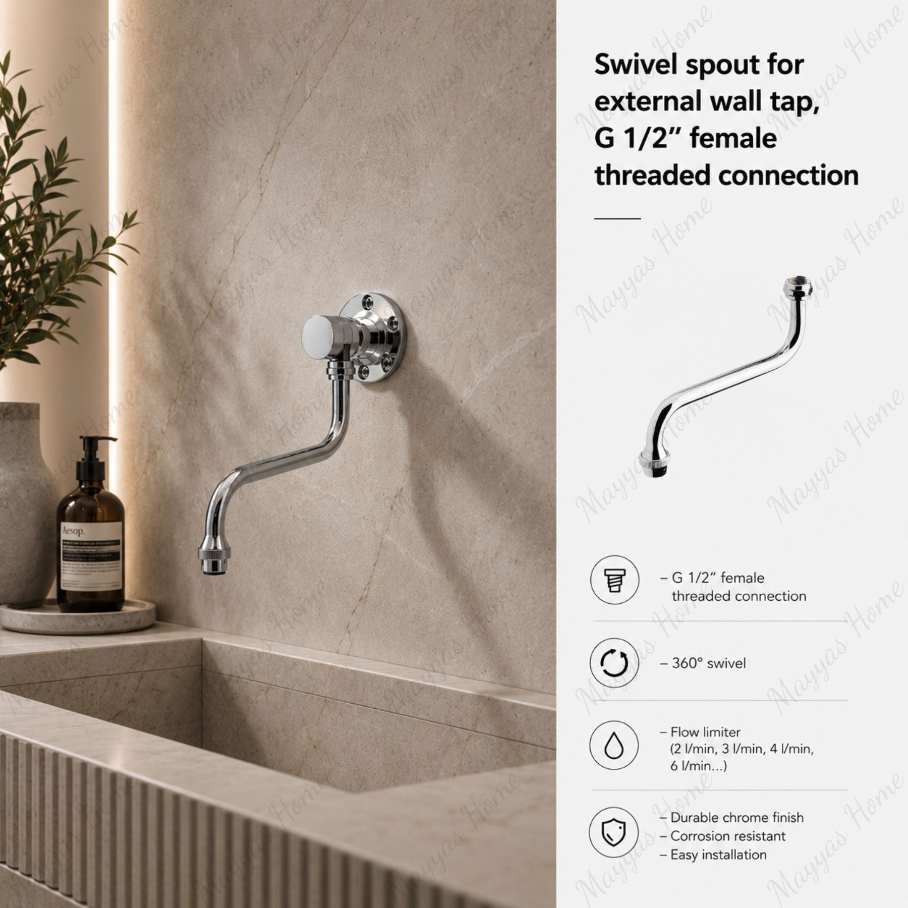 Swivel spout for external wall tap with G1/2 female threaded connection and flow limiter compatibility. Ideal for commercial and industrial plumbing systems in UAE.