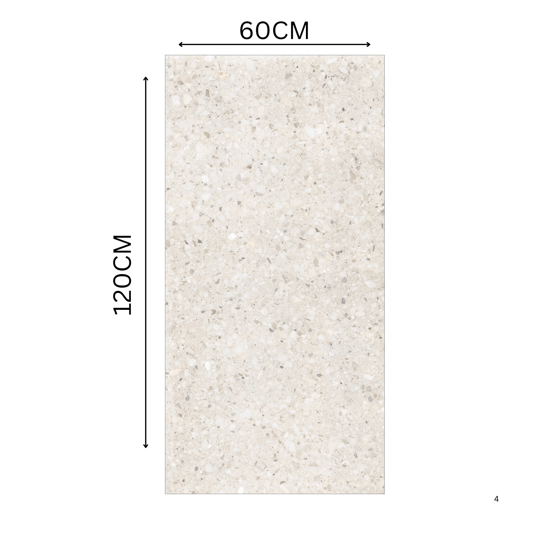 Terrazo Crema 60x120cm porcelain tile, 20mm thick with R11 slip-resistant rough matt finish. Classic terrazzo look, perfect for outdoor spaces.