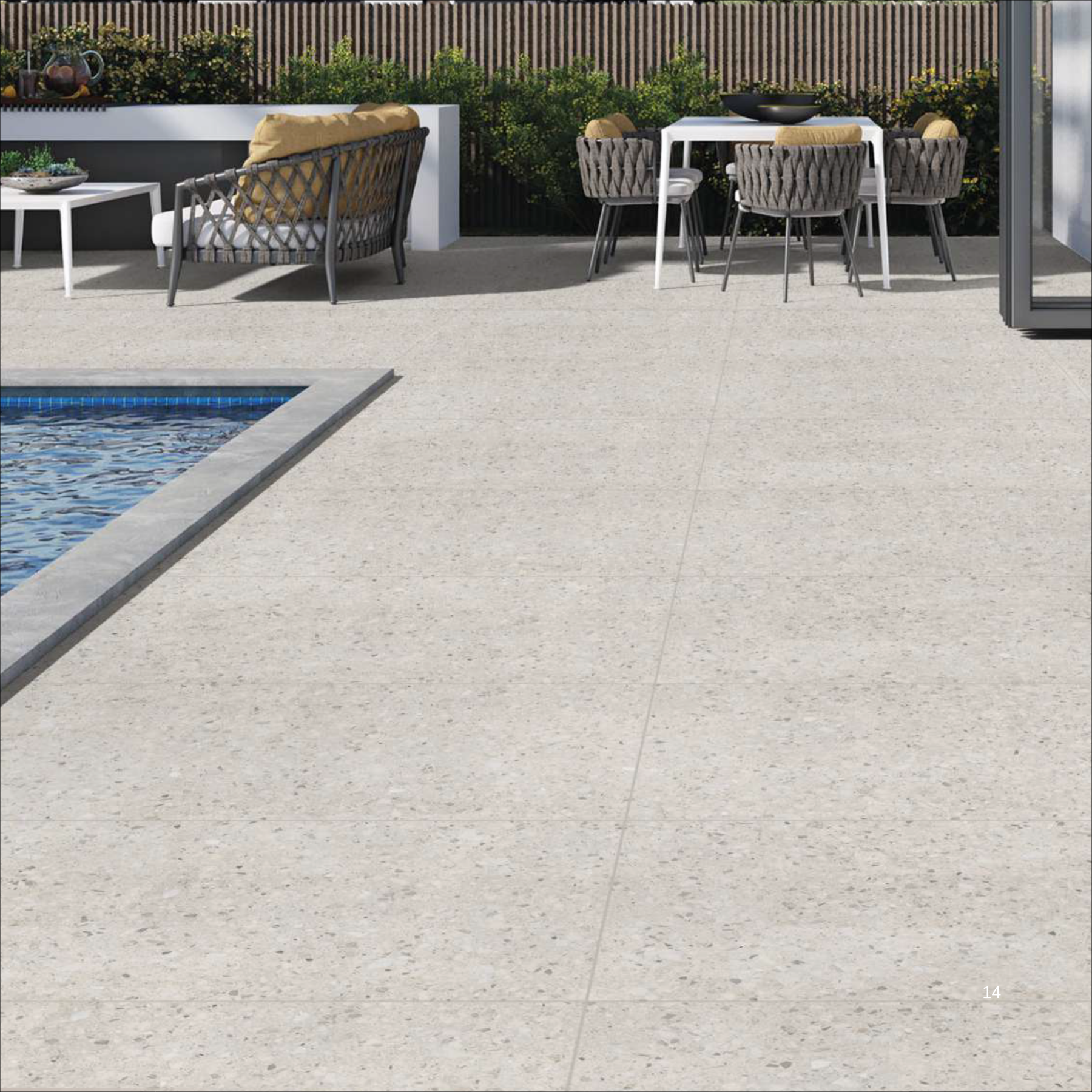 Terrazo Crema 60x120cm porcelain tile, 20mm thick with R11 slip-resistant rough matt finish. Classic terrazzo look, perfect for outdoor spaces.