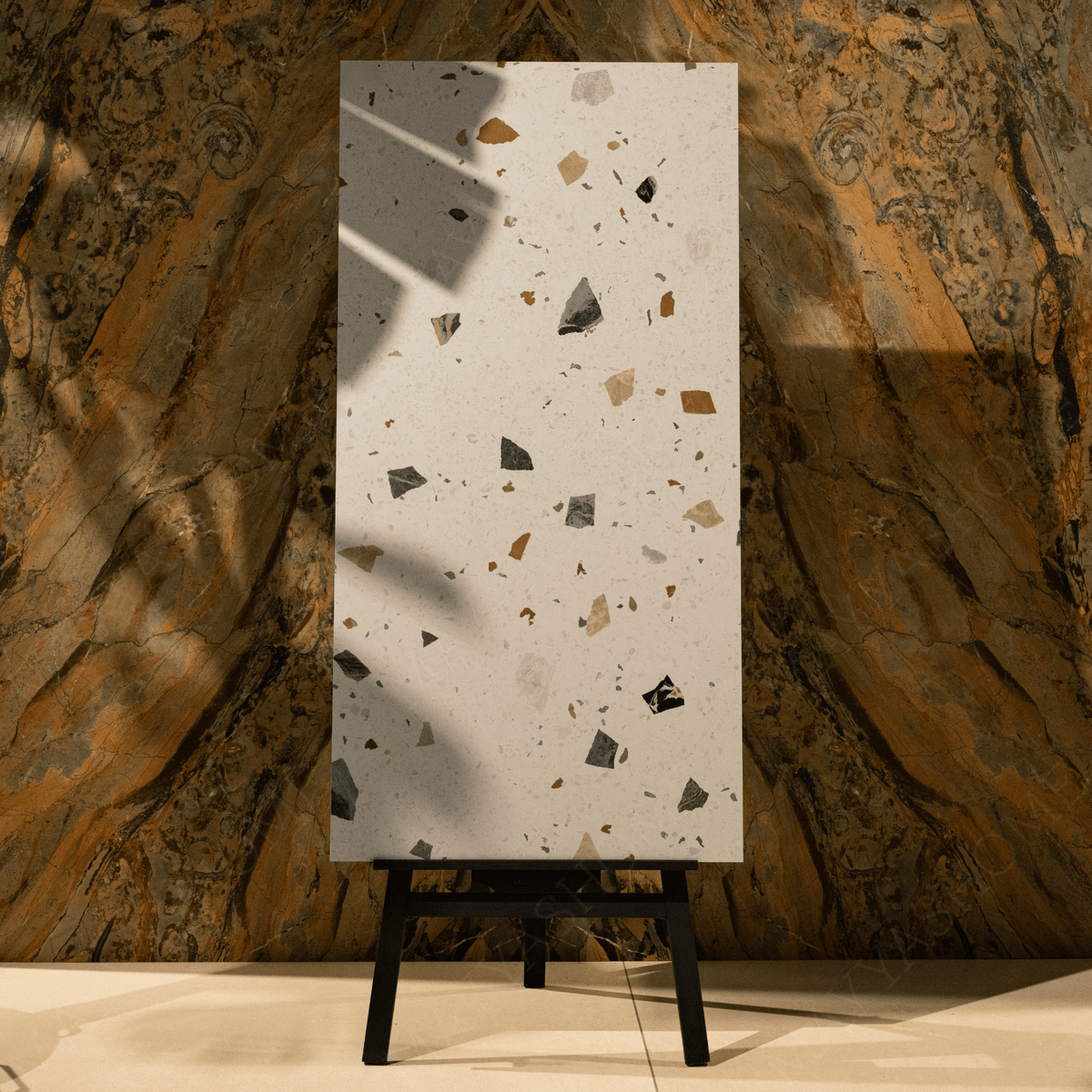 Terrazzo Pastel porcelain tile 60x120cm with 9mm thickness, terrazzo look finish, durable porcelain, ideal for floors and walls.