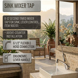 Timed sink mixer tap with 8–12 second lever control operation and chrome finish. Ideal for UAE commercial, hospitality, healthcare and public washroom applications.