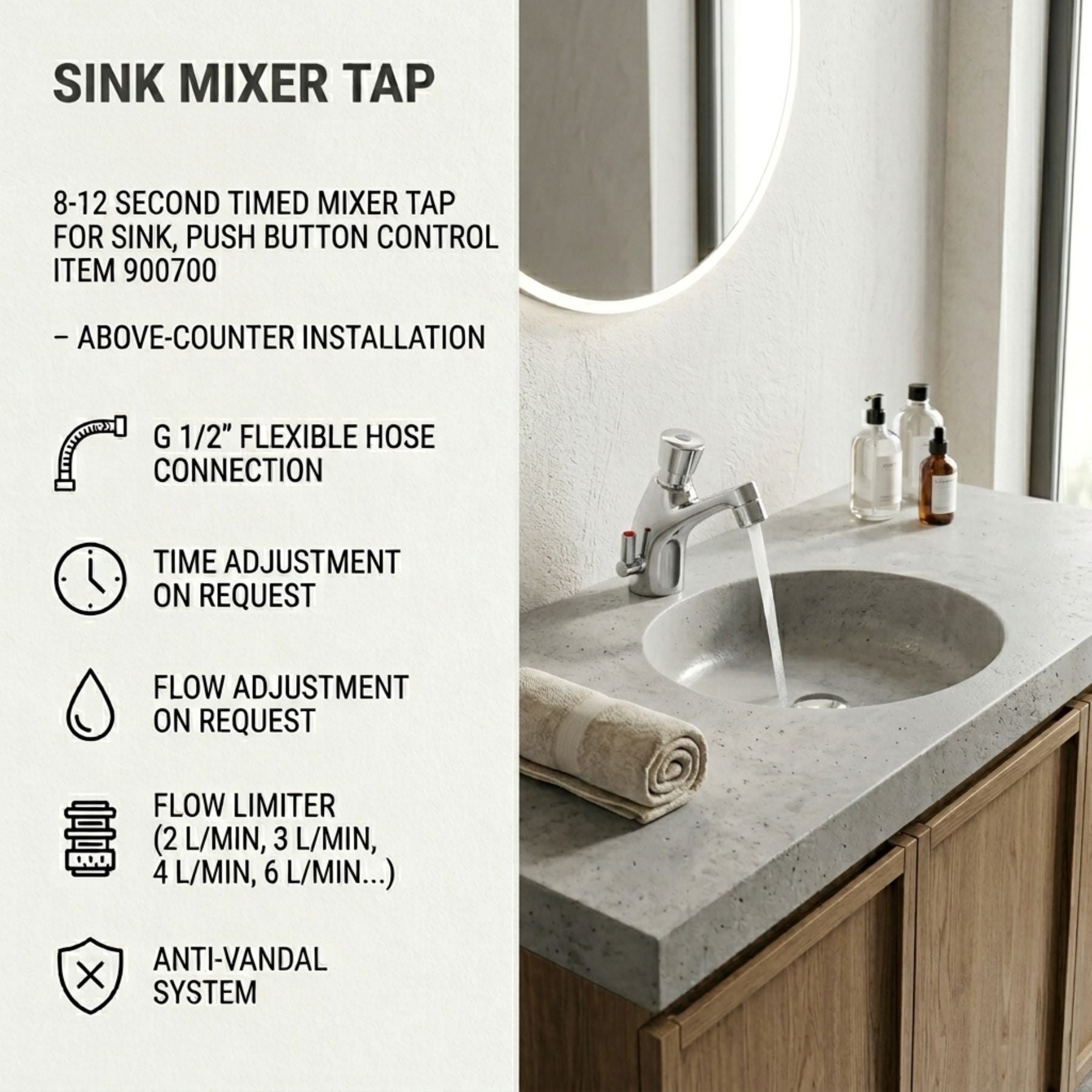 Timed sink mixer tap with push-button control, anti-vandal protection and water-saving performance. Ideal for UAE commercial and public washrooms.