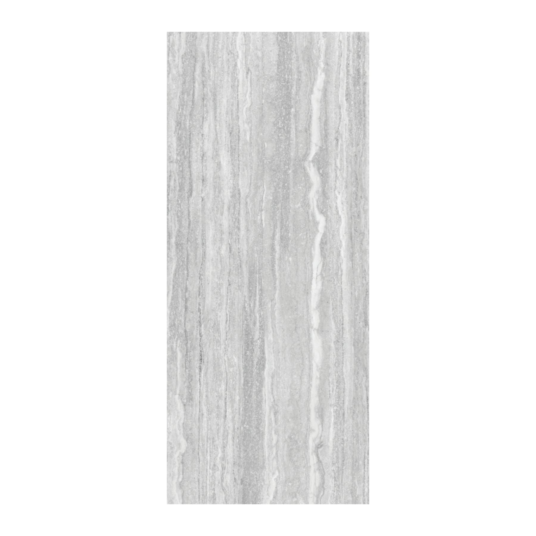 Traventino Ash polished porcelain slab in 120x280cm with 6mm thickness, offering a refined travertine look for premium floors, walls and luxury interiors.