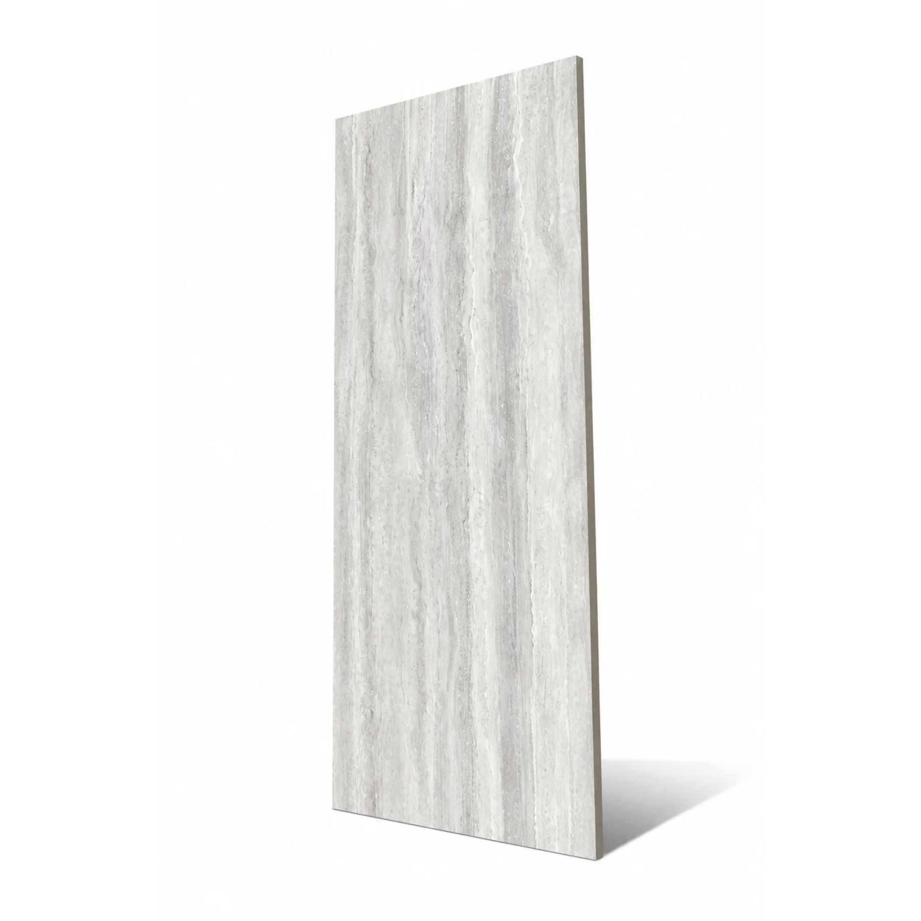 Traventino Ash polished porcelain slab in 120x280cm with 6mm thickness, offering a refined travertine look for premium floors, walls and luxury interiors.