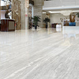 Traventino Ash polished porcelain slab in 120x280cm with 6mm thickness, offering a refined travertine look for premium floors, walls and luxury interiors.