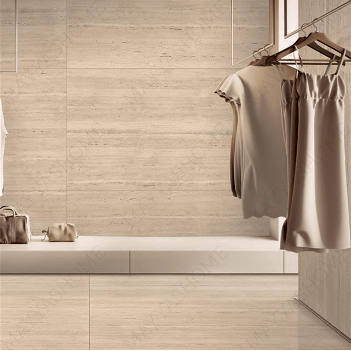 Travertine Beige 120x240cm glossy porcelain tile with warm stone look. Durable 9mm design for elegant floors and walls.