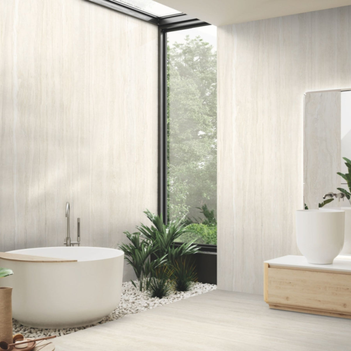 Travertino Aovario matt porcelain slab in 120x280cm with 6mm thickness, offering a natural travertine look for premium floors, walls and luxury interiors.