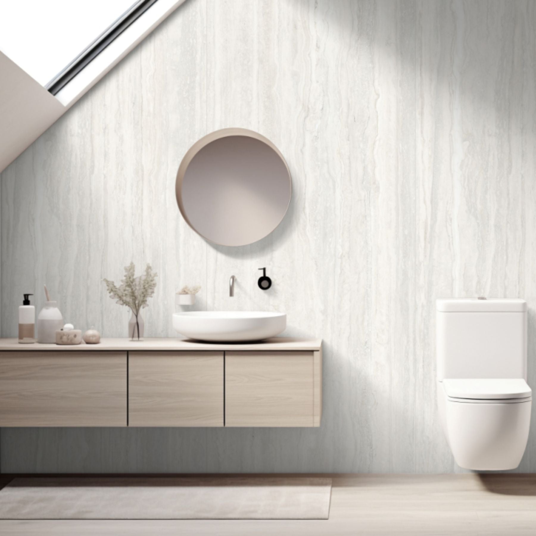 Travertino Silver matt porcelain slab in 120x280cm with 6mm thickness, offering a refined travertine look for premium floors, walls and luxury interiors.