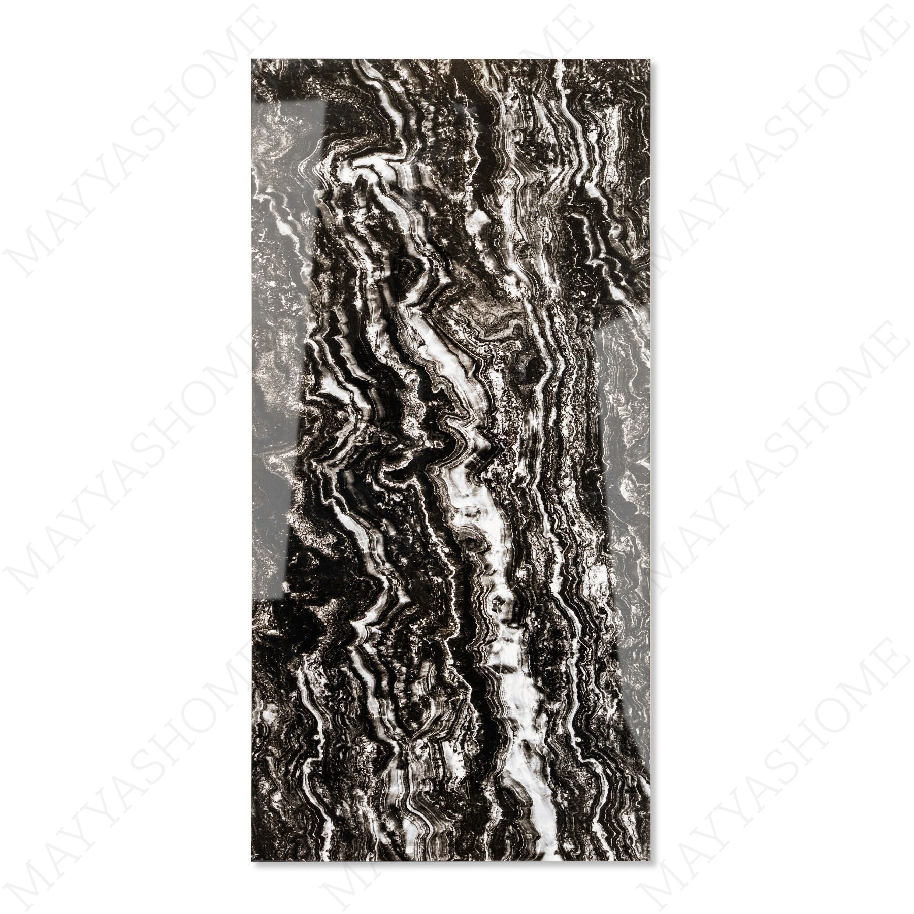 Vercel Black glossy marble porcelain tile 60x120cm with 9mm thickness features deep black base, subtle veining and polished finish.