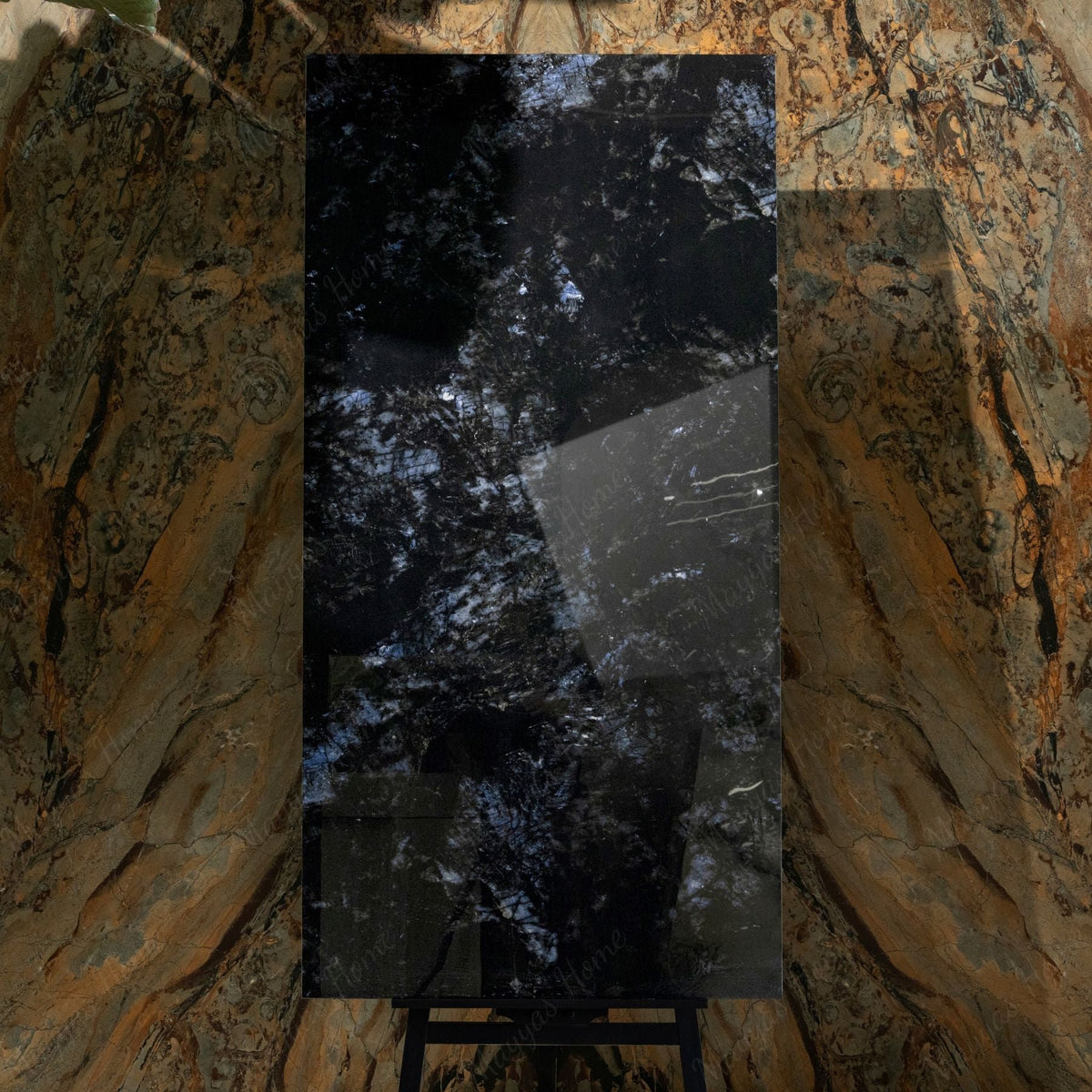 Volga Blue 80x160cm high glossy porcelain tile, 09mm thick with deep blue granite-like patterns. Bold, elegant, and durable for luxury interiors.