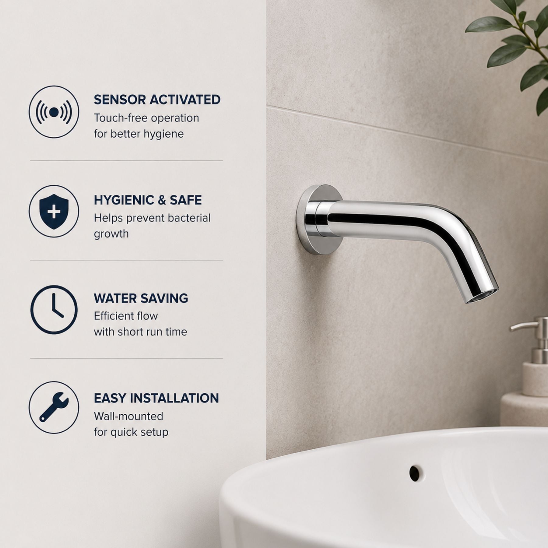 Wall-mounted sensor tap MCM 701700, D.30, made in Italy. Touchless, anti-legionella & vandal-proof. 6 finishes. 2-year warranty. Shop Mayyas Home UAE.