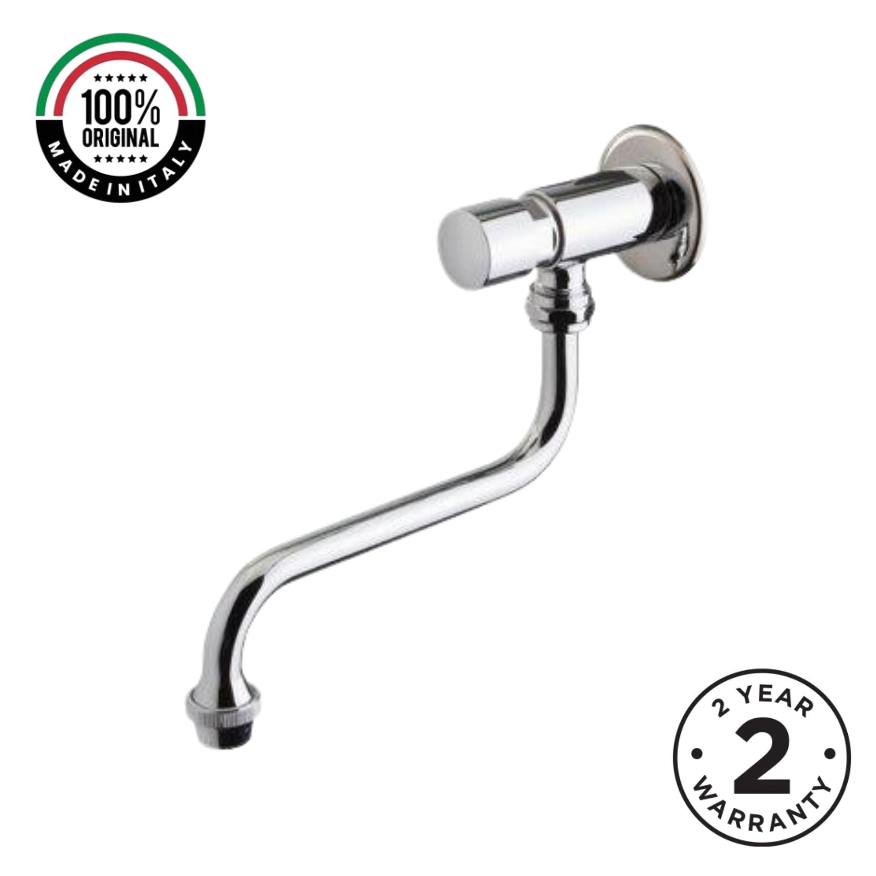 Wall-mounted single-water timed tap with swivel spout, push-button control, adjustable flow and anti-vandal protection for commercial and public washrooms.