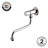 Wall-mounted single-water timed tap with swivel spout, push-button control, adjustable flow and anti-vandal protection for commercial and public washrooms.