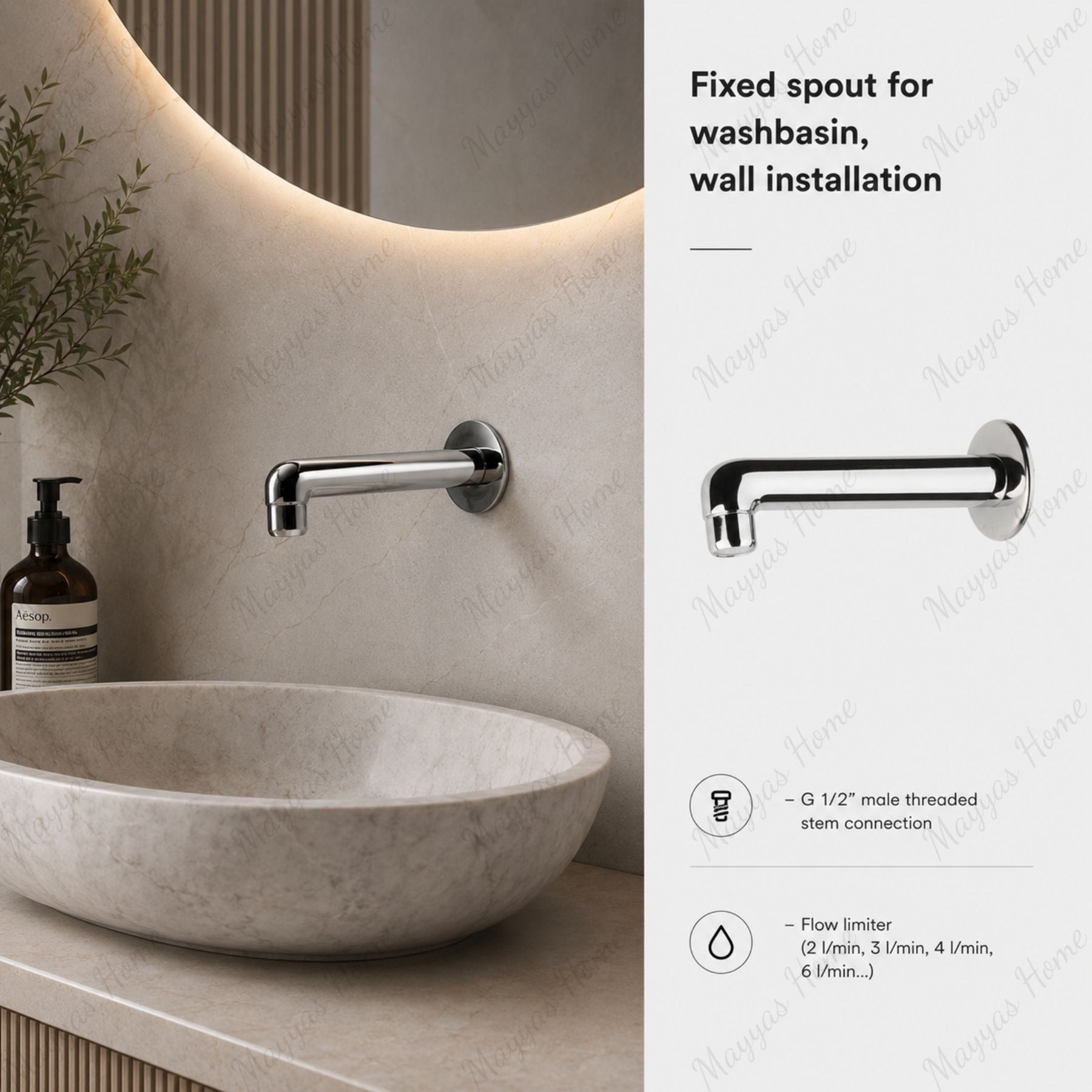 Wall mounted fixed washbasin spout with G1/2 male connection and flow limiter compatibility. Ideal for commercial, hospitality and residential bathrooms in UAE.