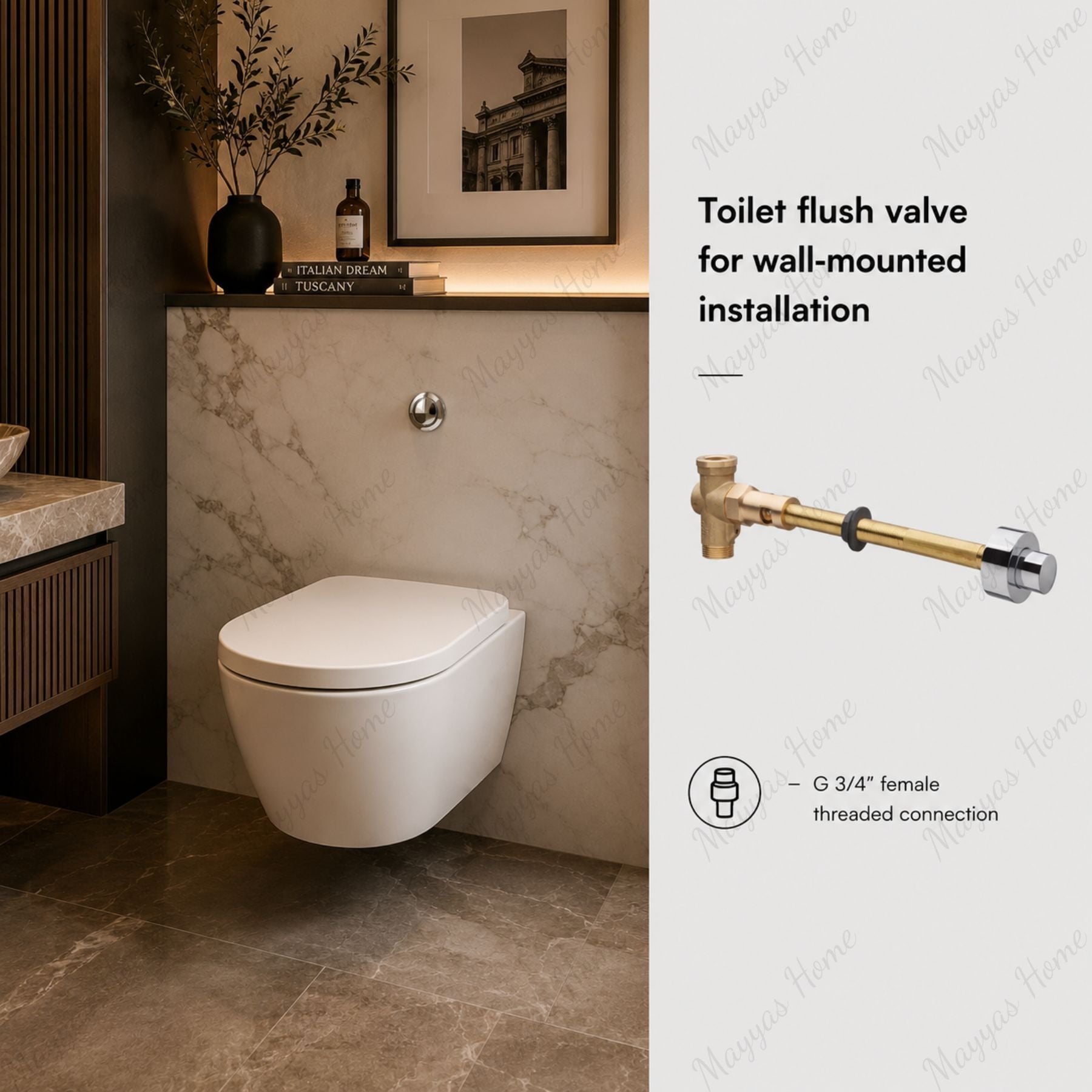 Wall mounted toilet flush valve with G3/4 female threaded connection. Durable chrome flush solution for commercial, healthcare and public washrooms in UAE.