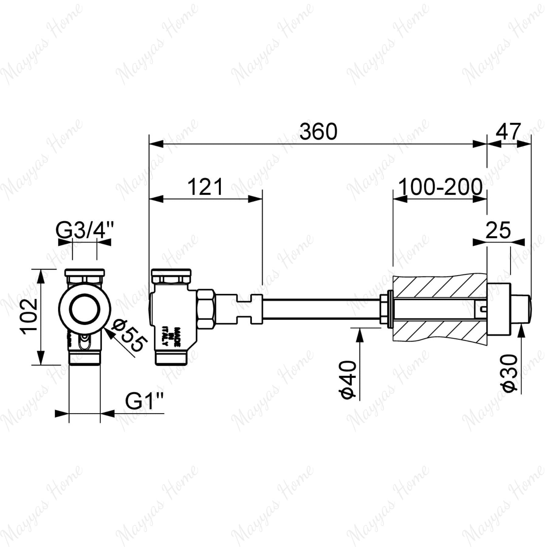 Wall mounted toilet flush valve with G3/4 female threaded connection. Durable chrome flush solution for commercial, healthcare and public washrooms in UAE.