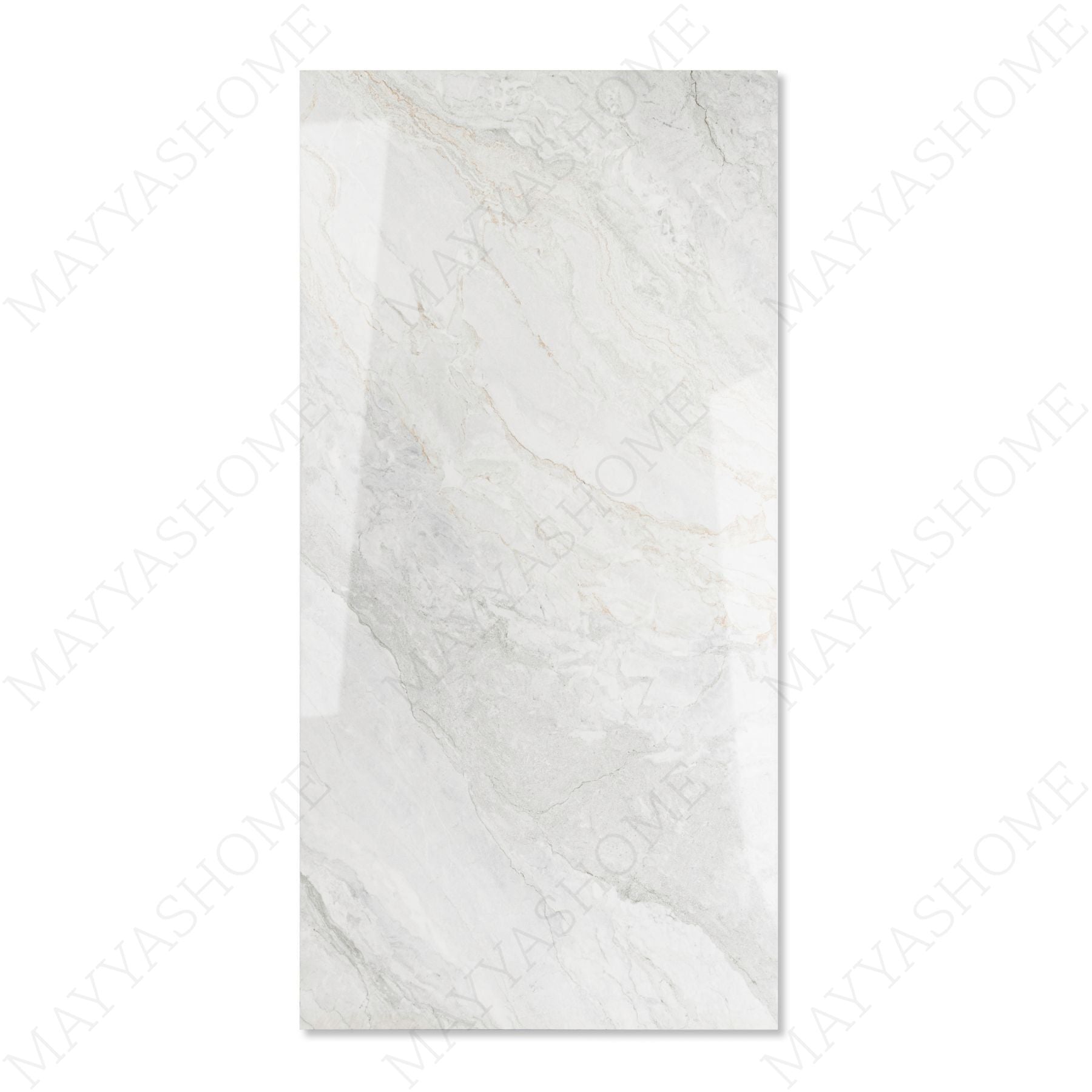 Wazti White glossy marble effect porcelain tile 60x120cm with 9mm thickness features bright white base, subtle veining and polished finish.